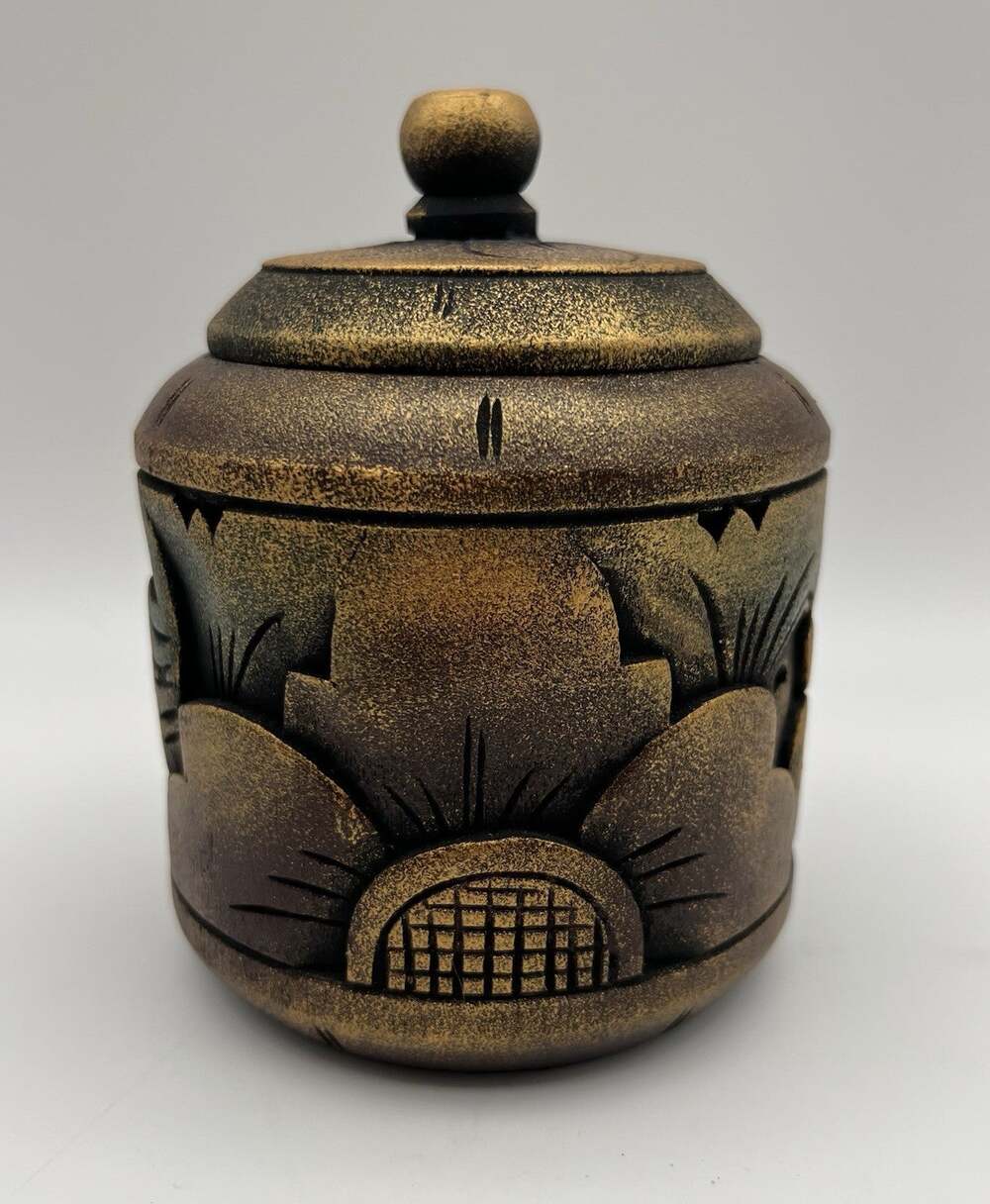 Novica Handmade Sarwaedi Carved Wooden Golden Sunrise Floral Box 5.5” Signed